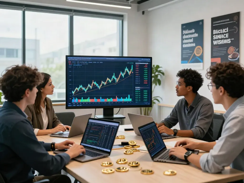 Diskusi strategi finansial bintang77 tentang cryptocurrency dengan tim di kantor modern