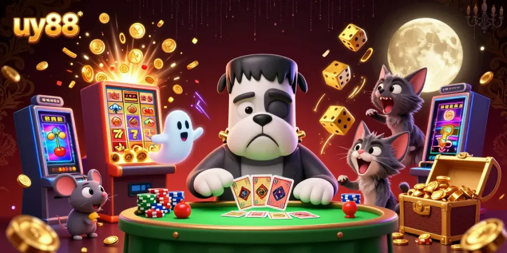 Experience thrilling casino action at uy88 with Frankenstein bulldog dealing cards and golden jackpot symbols.