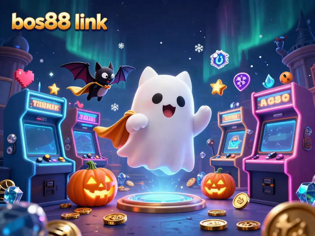 Experience the excitement of bos88 link with a ghost cat and bat in a vibrant haunted casino scene.