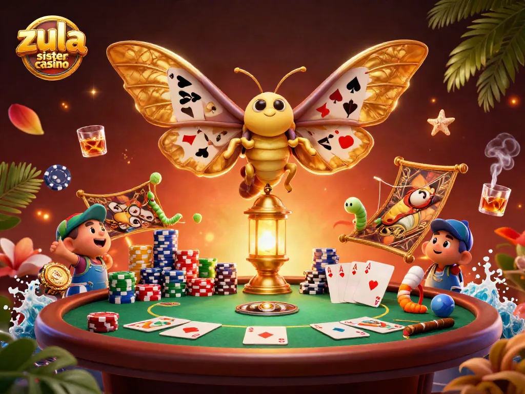Experience gaming at zula sister casino with a vibrant 3D casino scene featuring golden moths and poker elements.