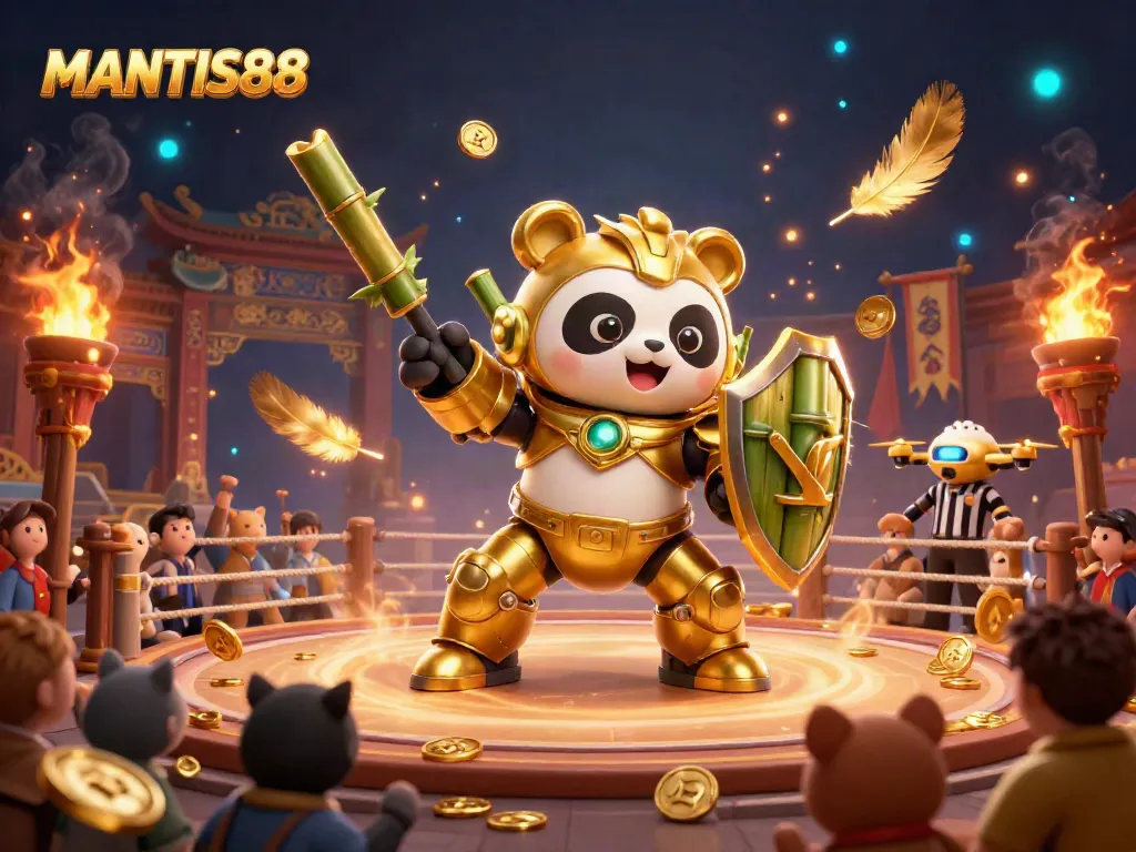 MANTIS88 showcases a vibrant 3D panda mech-fighting scene within a lively casino arena.
