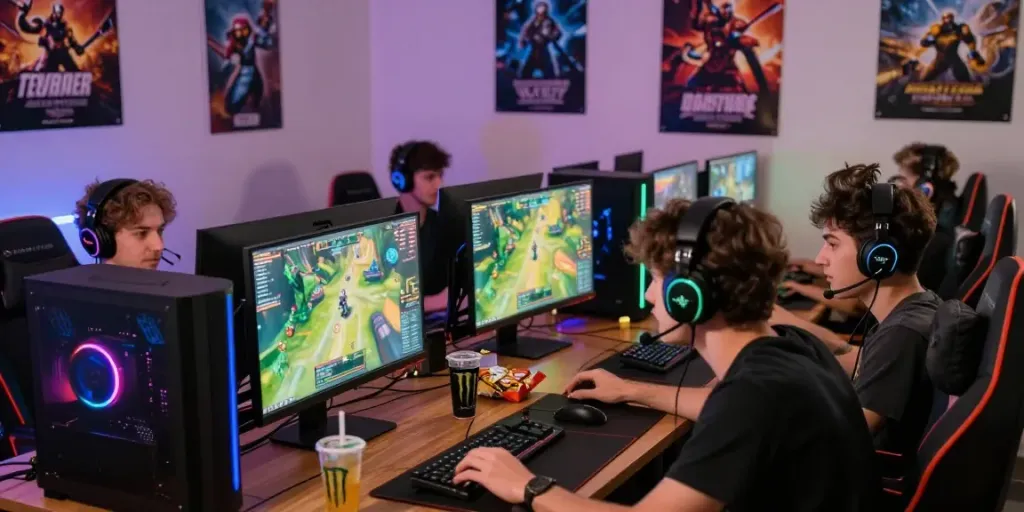 Kelompok teman bermain game online dengan suasana yang seru dan peralatan gaming canggih, menampilkan badak168 sebagai merek utama.