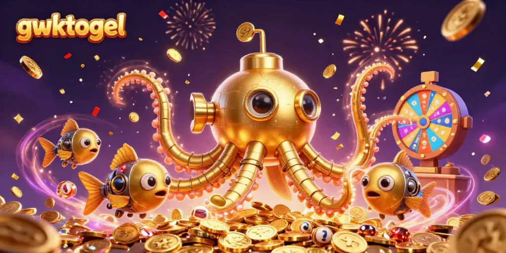 gwktogel menampilkan kraken emas 3D dan elemen lotere bersinar dalam suasana penuh koin emas.