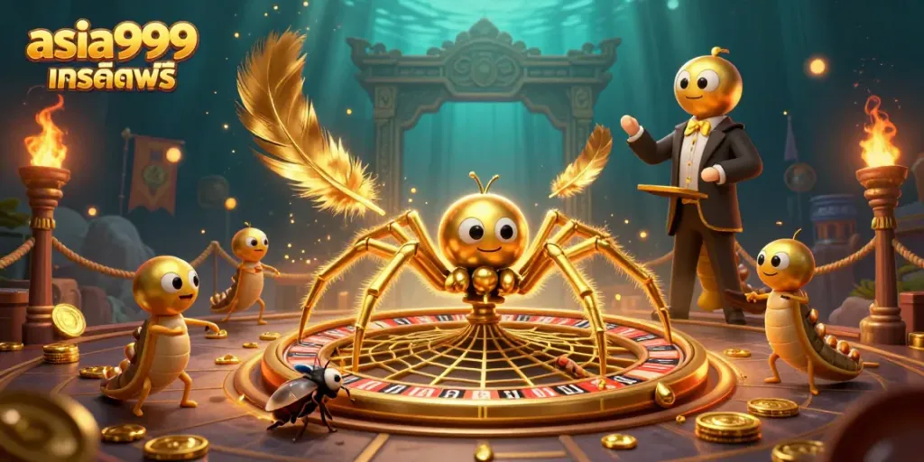 เล่นเกมกับ asia999 เครดิตฟรี ด้วยภาพการ์ตูนตัวละค spider ทองคำในคาสิโน