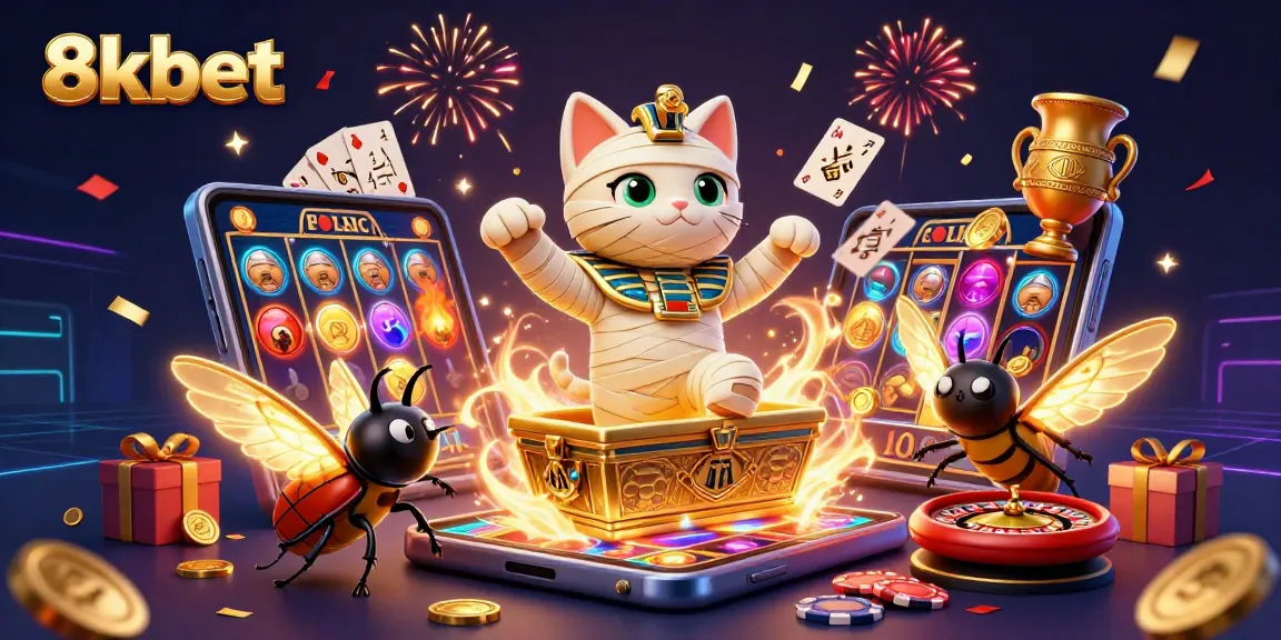 Win with 8kbet as a 3D cartoon Egyptian mummy cat bursts from a sarcophagus, celebrating casino excitement.