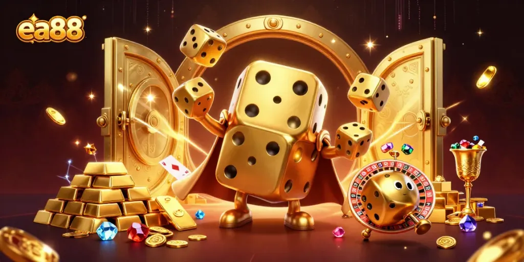 ea88 tái hiện trò chơi casino sống động với các biểu tượng vàng và ánh sáng lấp lánh