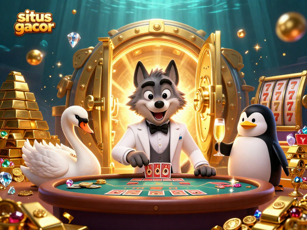 Menangkan jackpot di situs gacor dengan karakter serigala, angsa, dan penguin dalam ilustrasi kasino yang menakjubkan.