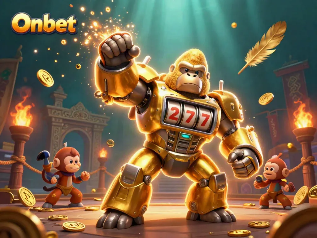 Experience thrilling gameplay at Onbet with a 3D golden gorilla mech and explosive action.