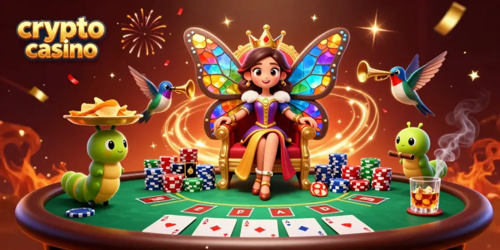 Experience the excitement at a crypto casino with a vibrant illustration of a butterfly queen and poker game elements.