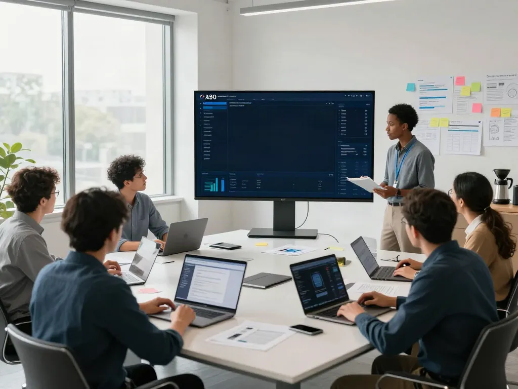 Team collaboration on the A80 information platform in a modern office setting.