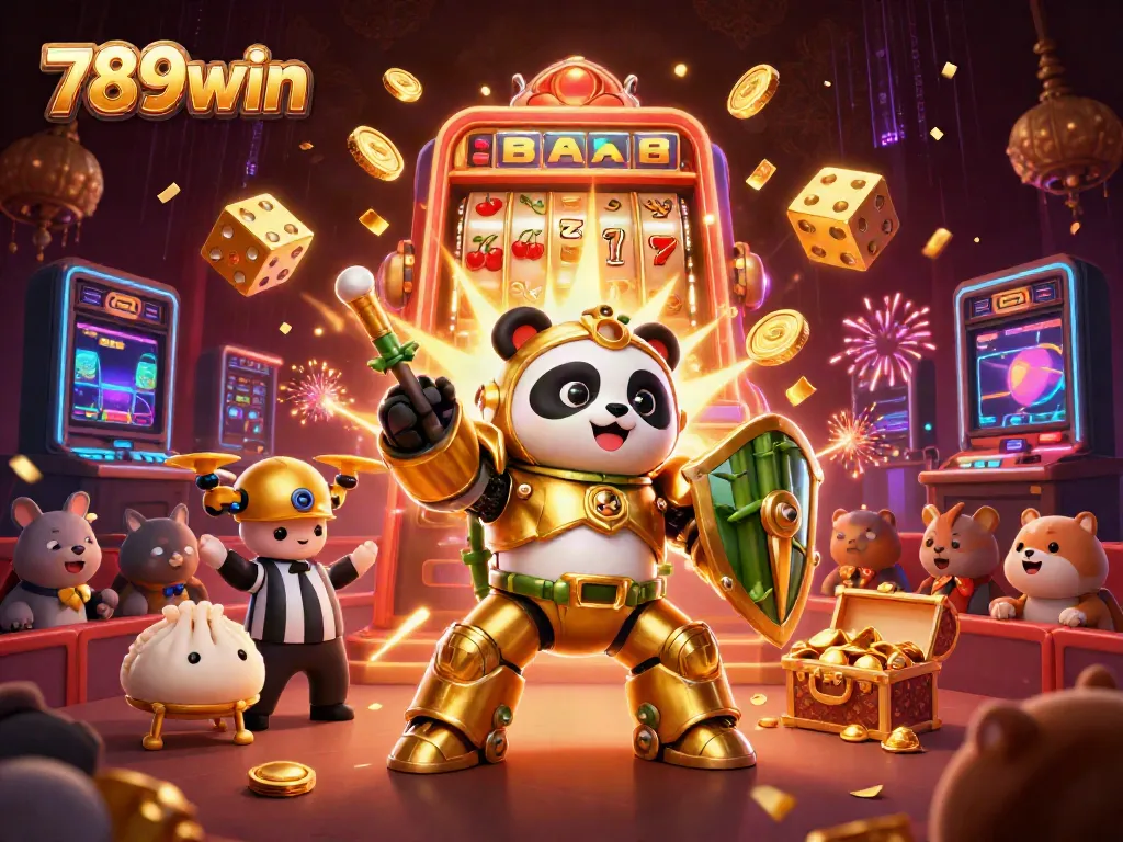 Experience the excitement of 789win with an engaging 3D casino scene featuring a golden panda and dynamic game elements.