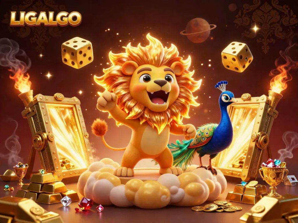 LIGALGO showcases a vibrant casino atmosphere with a roaring lion and golden treasures.
