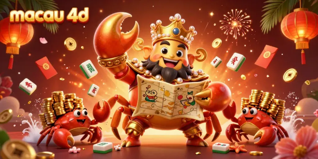 Menampilkan keceriaan permainan macau 4d dengan krab emas besar dan pelayan, membawa tumpukan chip emas.