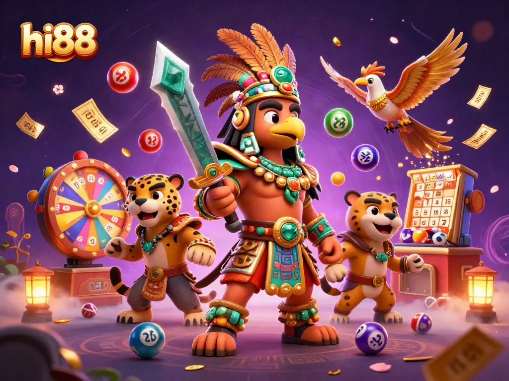 Experience winning at hi88 with 3D Aztec warriors, lottery balls, and exciting casino elements.