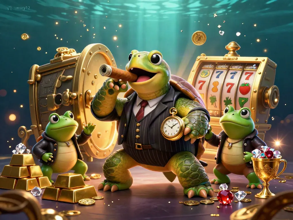 Join the party with luxury12! A playful scene featuring a turtle mobster, bullfrog enforcers, and a treasure-filled casino floor.