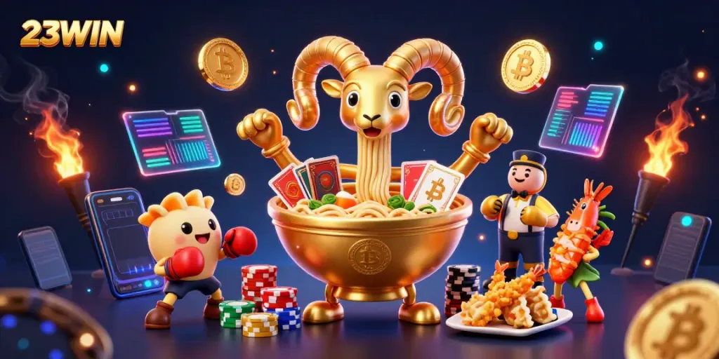 Engage in thrilling gameplay with 23WIN, featuring vibrant cartoon characters and dazzling casino elements.