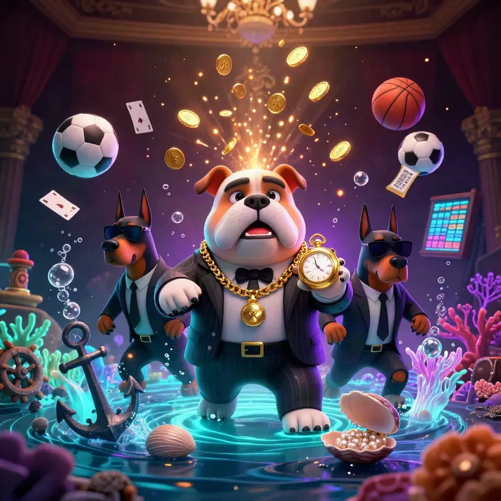 Bulldog boss and Doberman guards in a neon treasure cove with coins, balls, cards, and glowing light.