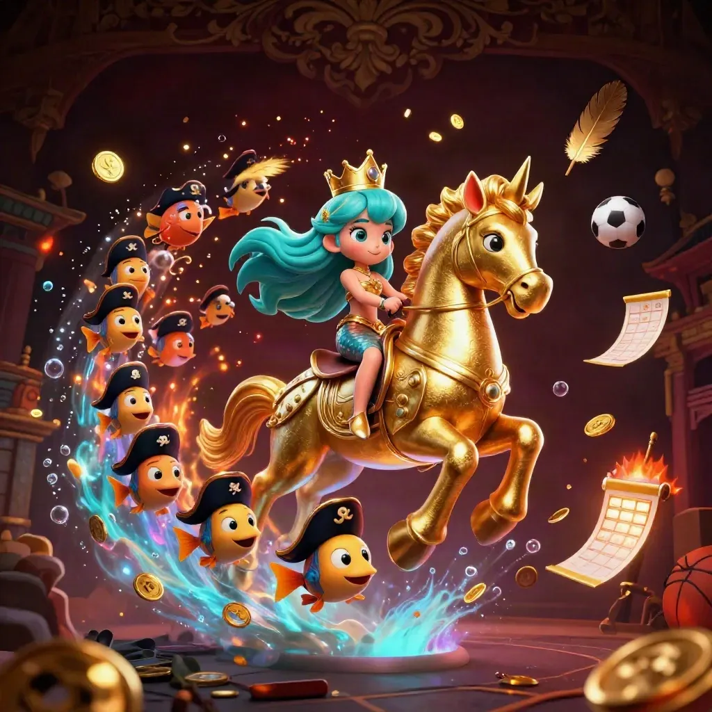 Mermaid princess on armored seahorse amid pirate fish, coins, ring ropes and glowing casino fantasy