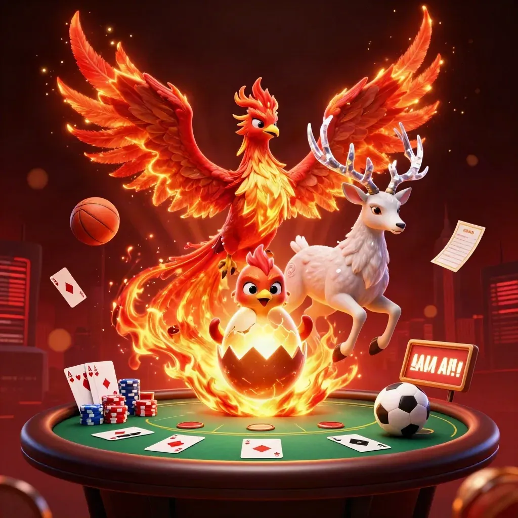 Phoenix, baby phoenix, and crystal stag amid casino props and fiery neon light.