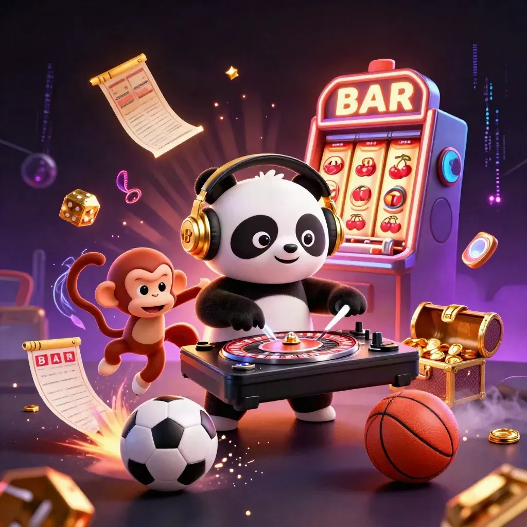 DJ panda, monkey, and kitten amid slot bursts, gold dice, and neon casino energy.