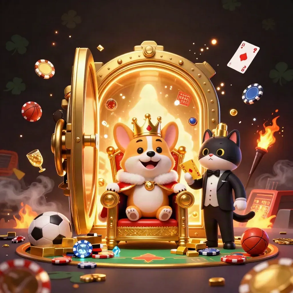 Royal corgi and cat butler amid a vault blast, gold, chips, balls, gems, and ember light.