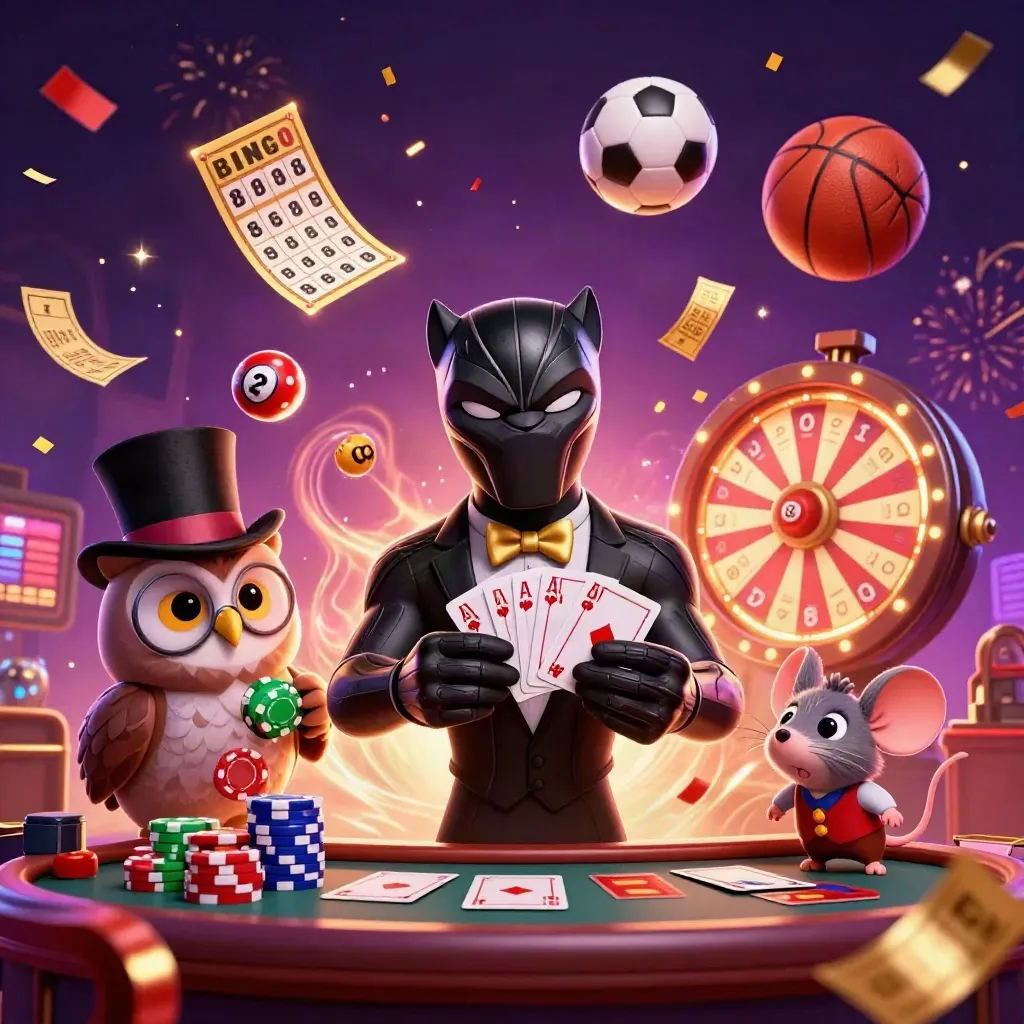 Panther, owl and mouse amid flying casino balls, chips, tickets and glowing lights.