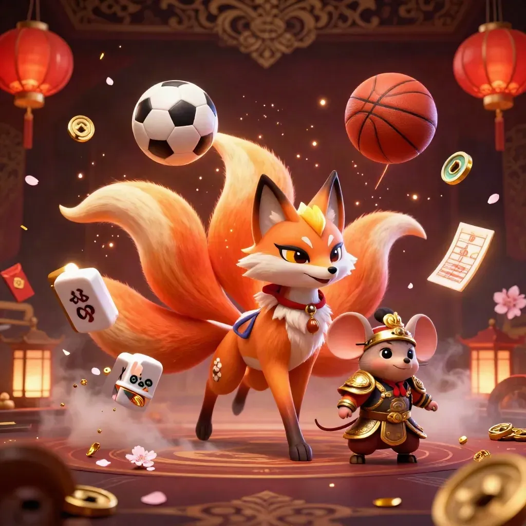 Neon fox spirit and gold-armored mouse amid casino talismans, balls, fire, and gold light.
