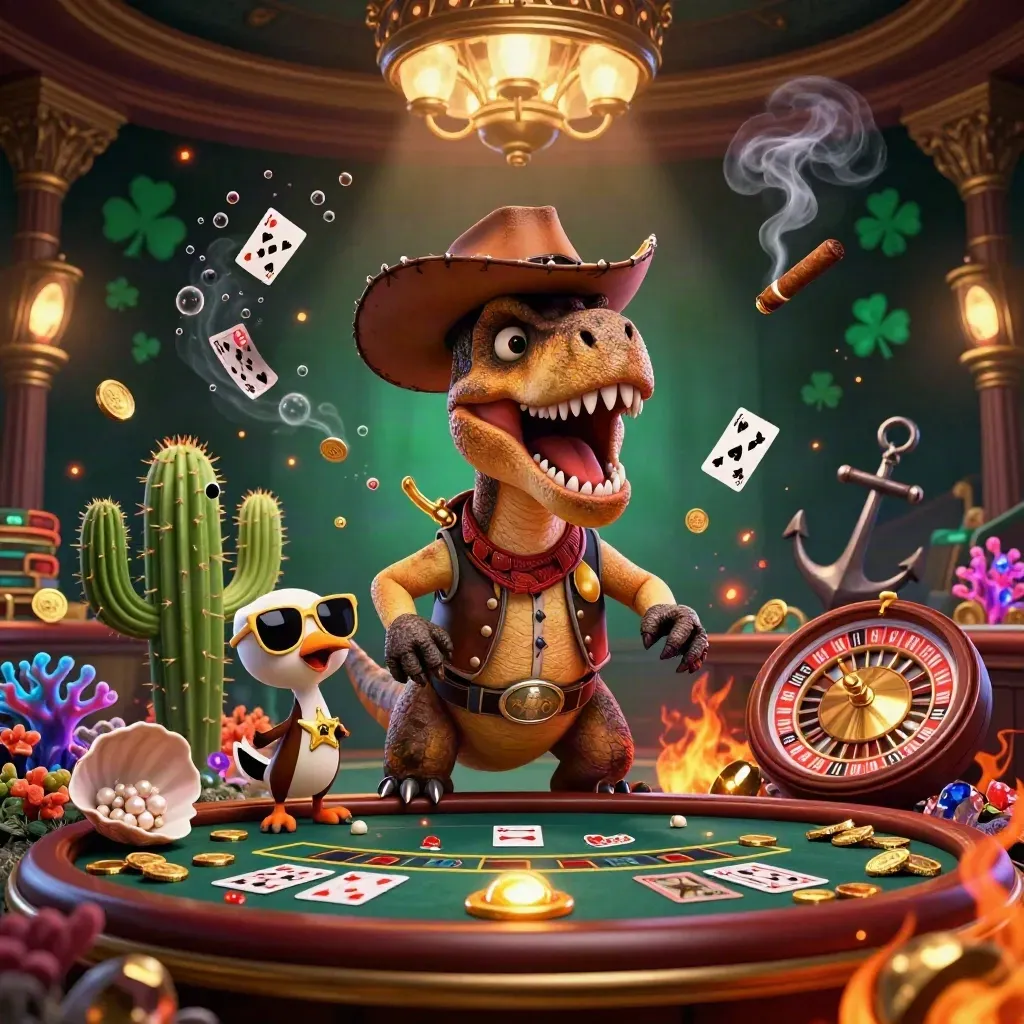 Cartoon cowboy T-Rex trio in a luxe casino cove with coins, coral, and glowing lights