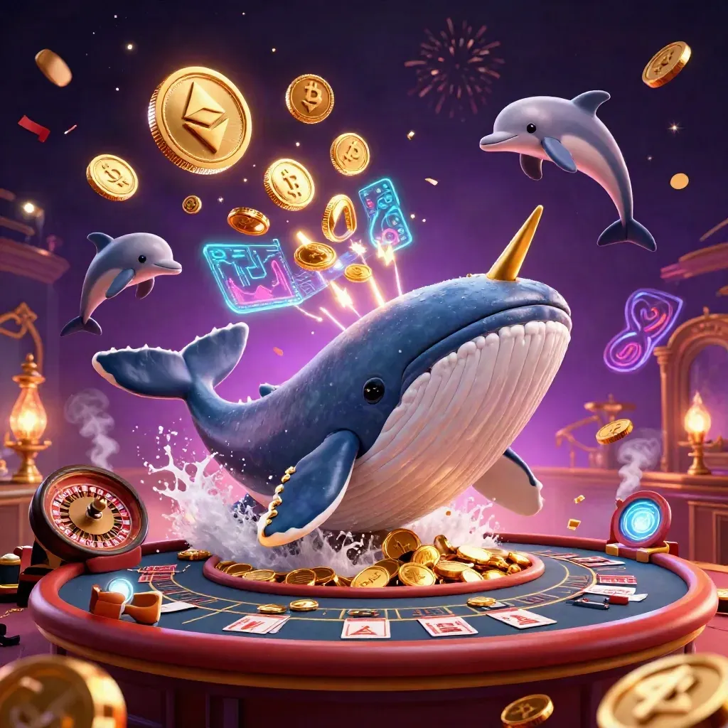 Whale captain, narwhal and dolphins in a neon casino scene with coins, brass, smoke and fireworks.