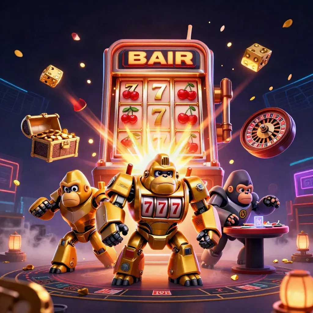 Golden gorilla mech and monkey pilot erupt from a luxe neon casino scene with dice, reels, and gold.