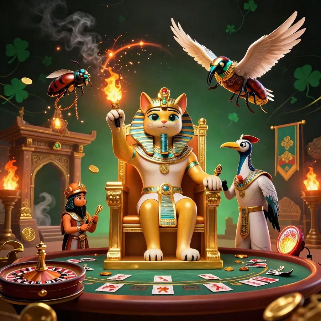 Pharaoh cat, ibis scribe, and gem-winged scarabs in a fiery casino room.