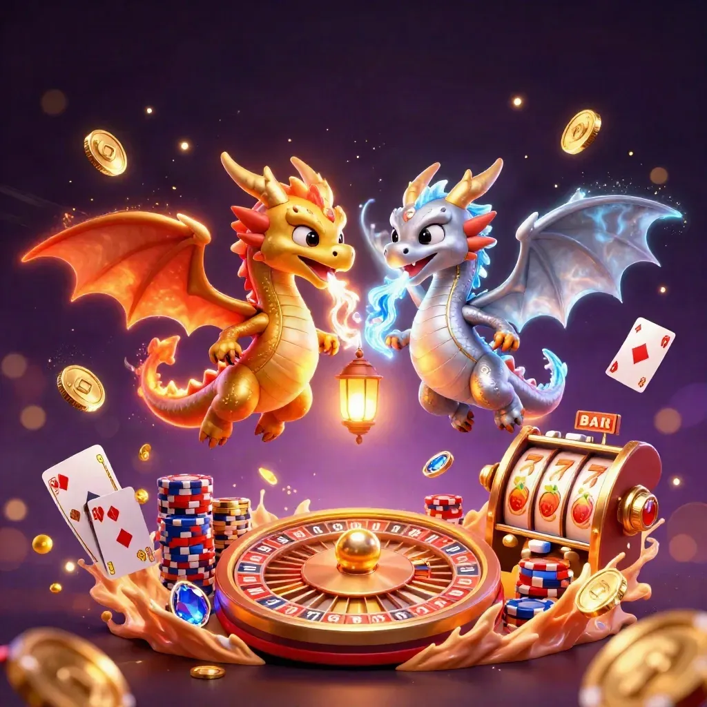 Twin gold and silver dragons circle a lantern spirit amid coins, gems, cards, chips, and neon casino magic.