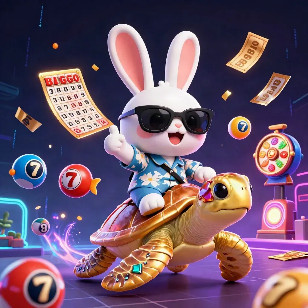 Lucky rabbit rides a gem-shelled sea turtle amid neon casino bursts and tropical fish.
