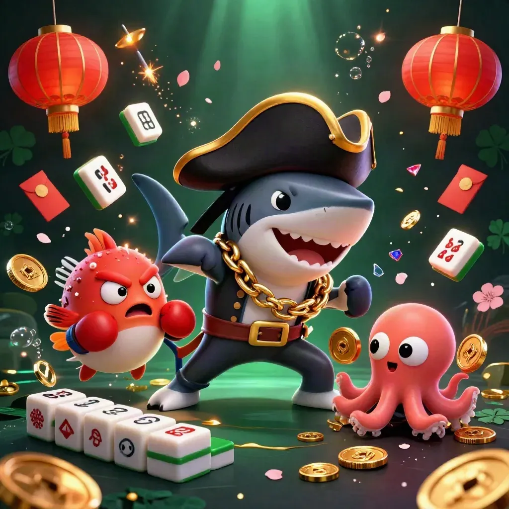 Pirate shark, boxing pufferfish, and juggling octopus amid coins, lanterns, and fireworks.