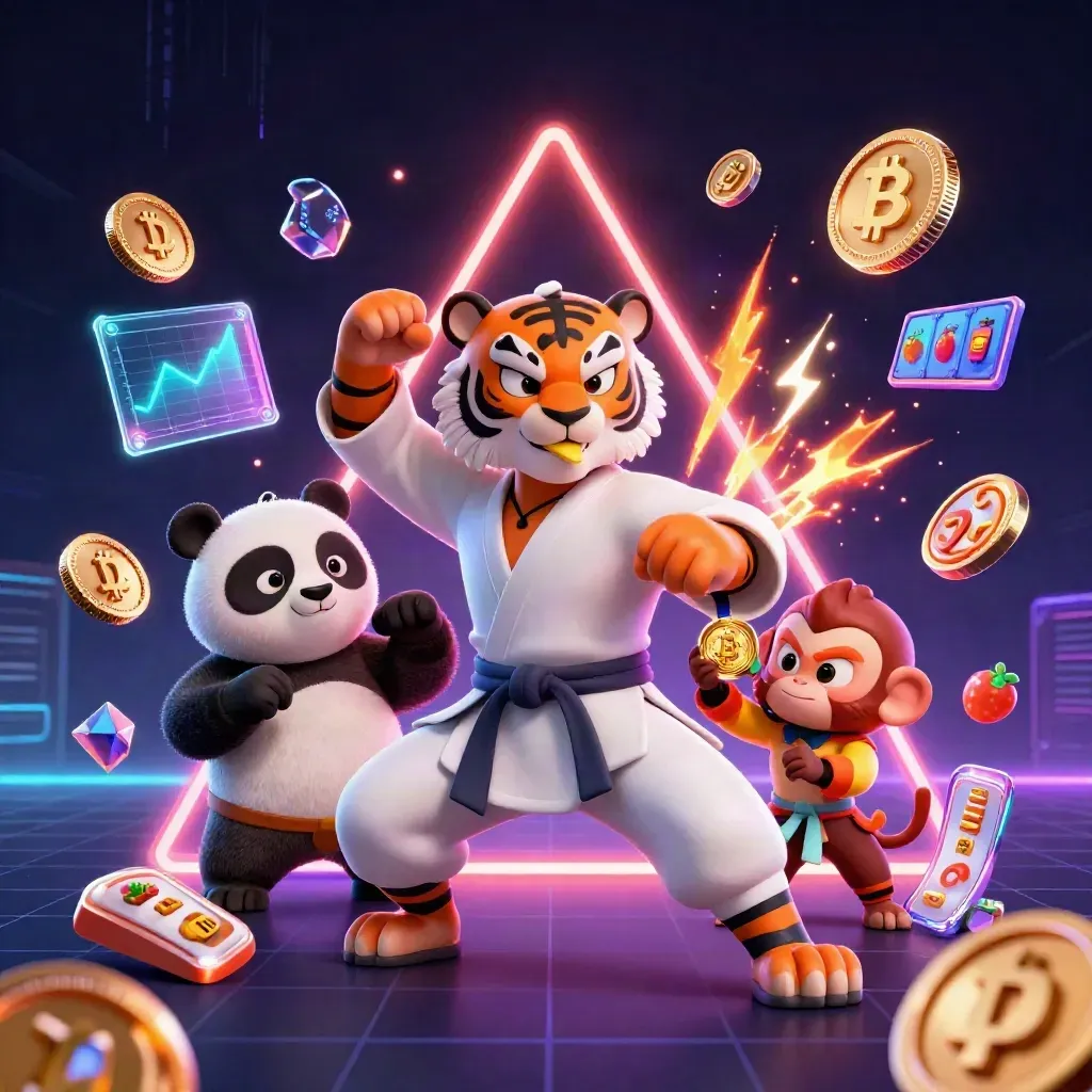 Kung-fu tiger, panda, and monkey amid casino coins, gems, lightning, and neon tech