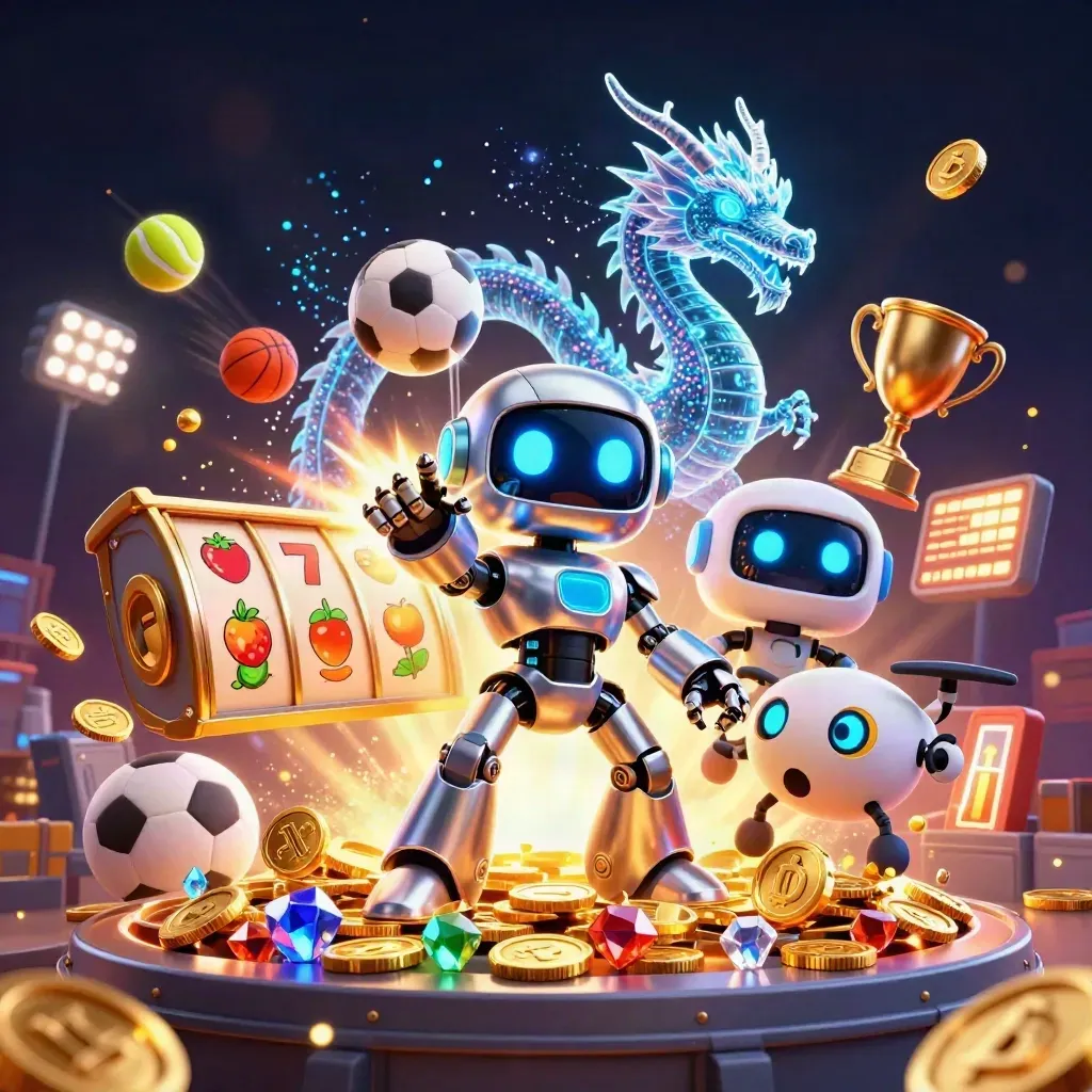 Cyberpunk robot, holographic dragon, and coin drone burst through gold treasure and neon casino effects.