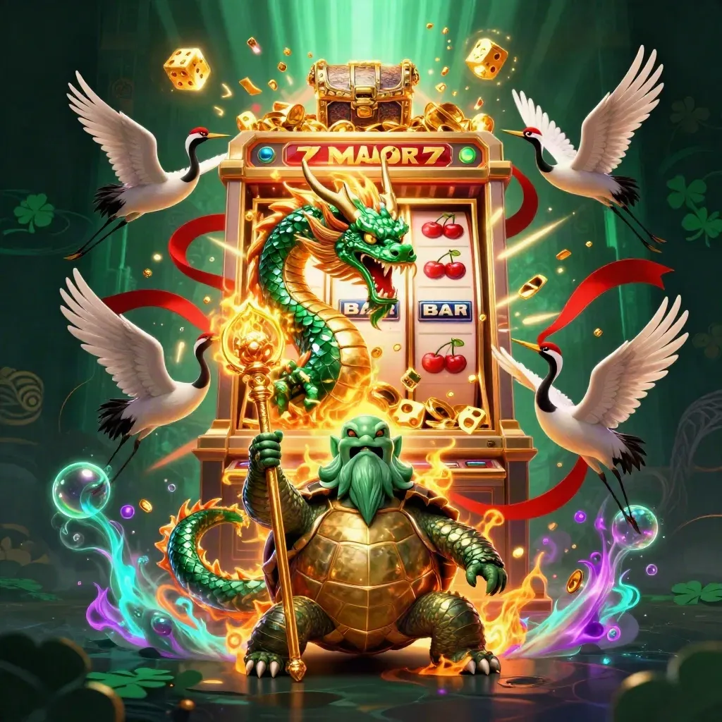 Emerald dragon, turtle sage, cranes, slot burst, treasure chest, fiery casino fantasy