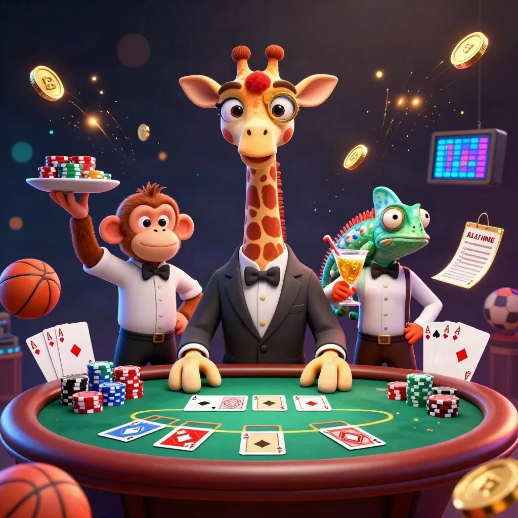 Fancy giraffe, monkey valet, and chameleon bartender in a glowing casino scene with chips and gold coins.