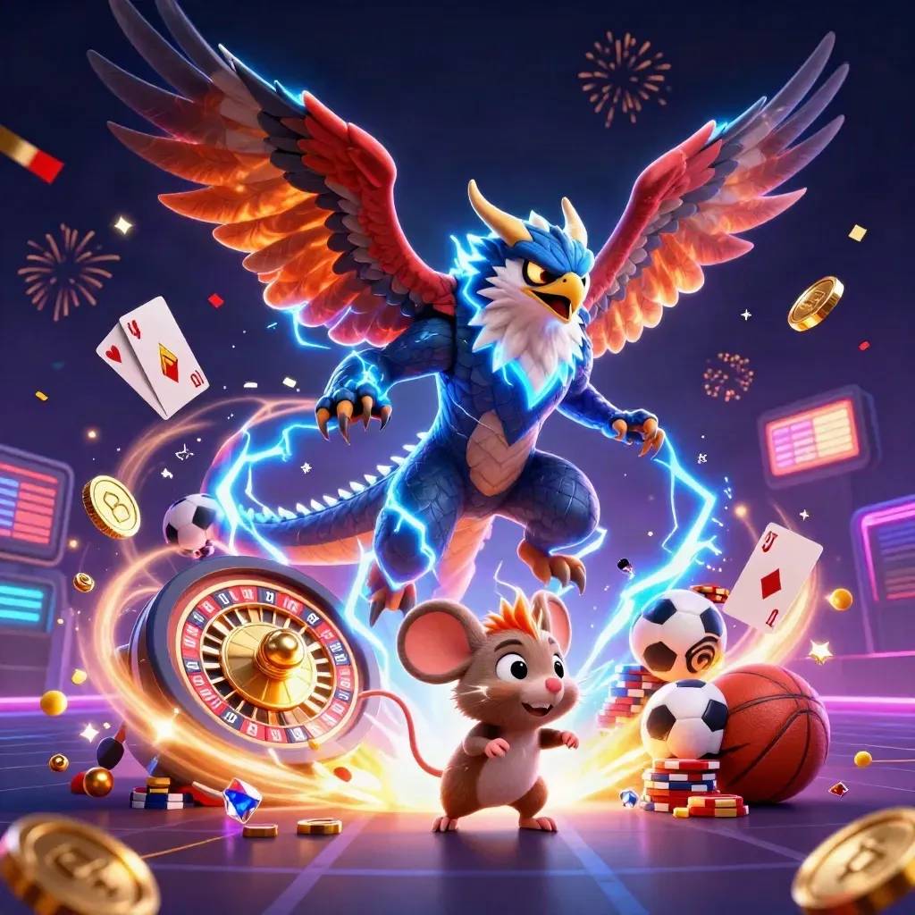 Thunder dragon, hawk, and mouse amid coins, gems, roulette, cards, chips, fireworks, and neon casino energy.