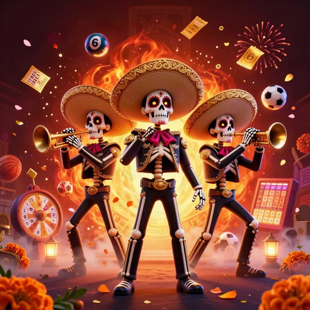 Skeleton mariachi trio celebrating amid coins, lottery balls, fireworks, and casino lights