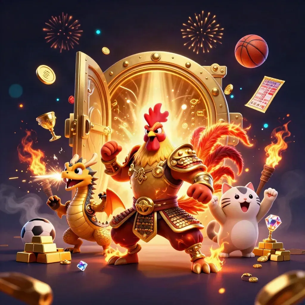 Rooster warrior, dragon hatchling and fortune cat burst from a vault amid gold, gems and fiery sparks.
