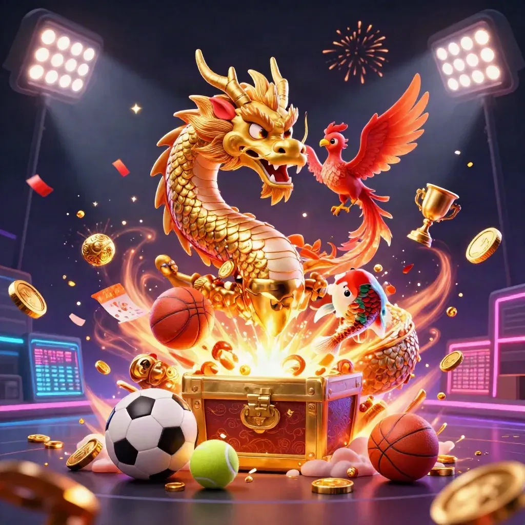Golden dragon, phoenix, and koi amid coins, sports balls, trophy, and fireworks on a neon casino backdrop.