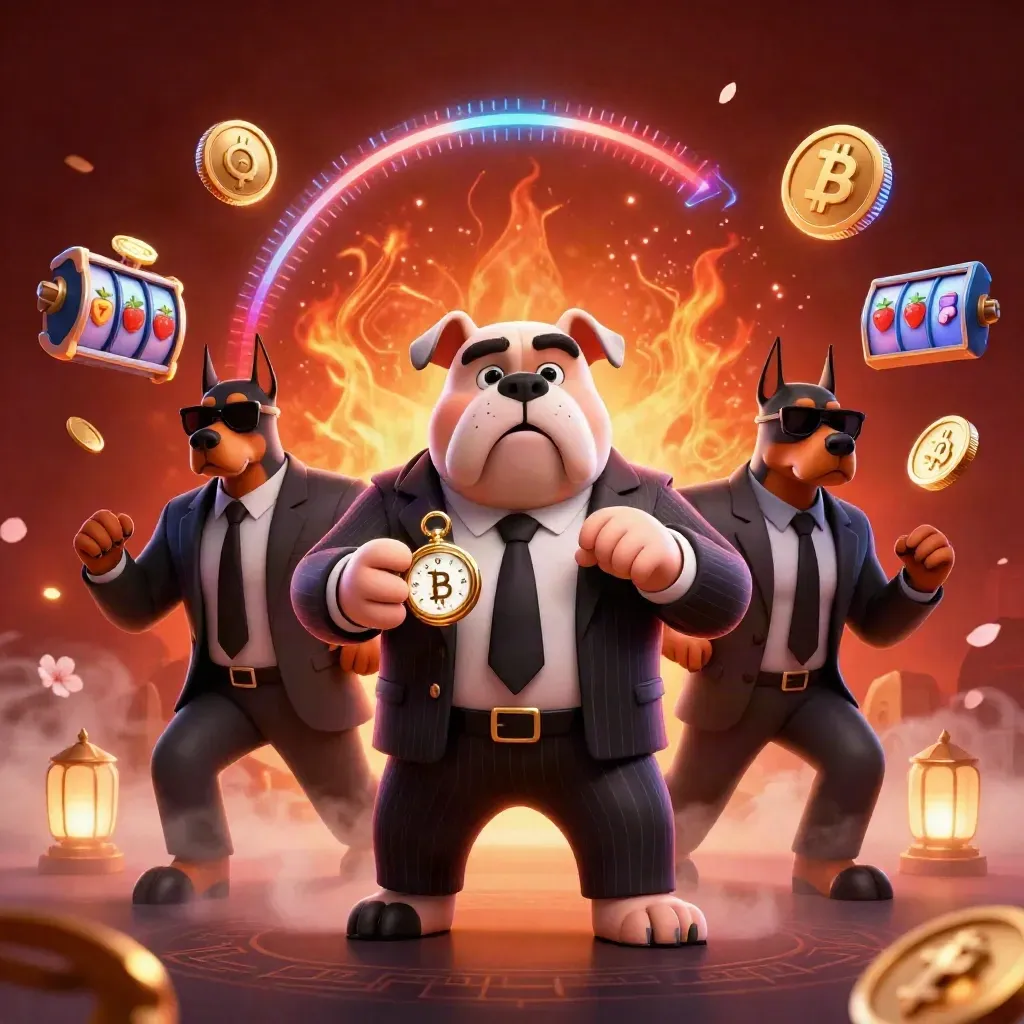 Bulldog boss with two doberman guards amid coins, reels, and ember glow.