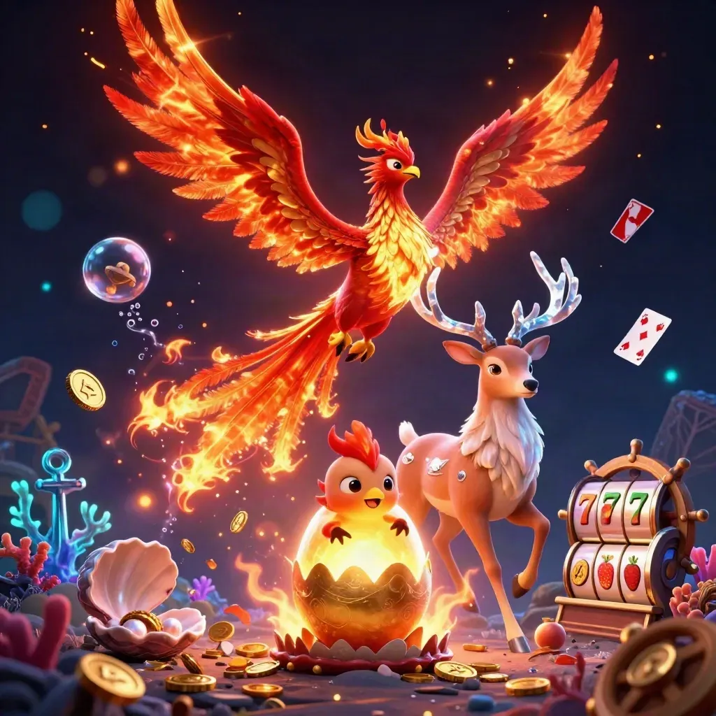 Fire phoenix, hatching baby phoenix, and crystal-antlered stag amid casino treasure and glowing particles