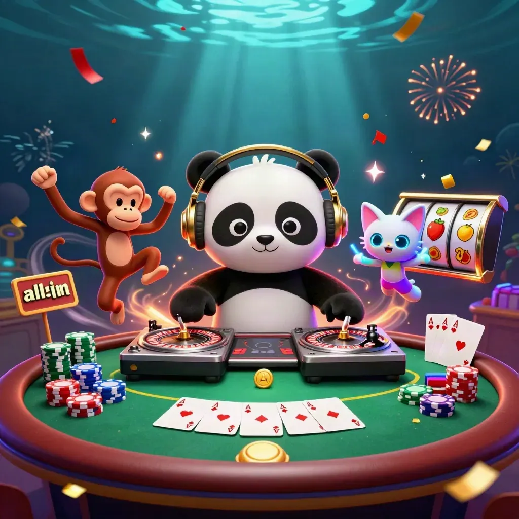 DJ panda, breakdancing monkey, and glow-stick kitten amid poker chips, reels, and fiery casino effects.