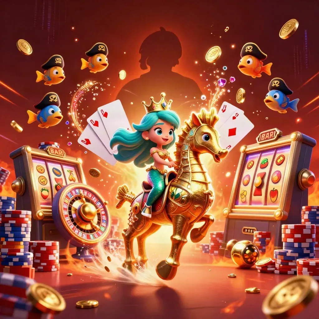 Mermaid princess rides an armored seahorse amid casino sparks, coins, cards, reels, and pirate fish.