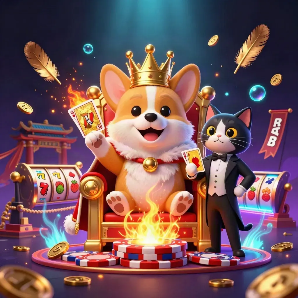 Royal corgi king and cat butler amid chips, coins, reels, and neon casino magic