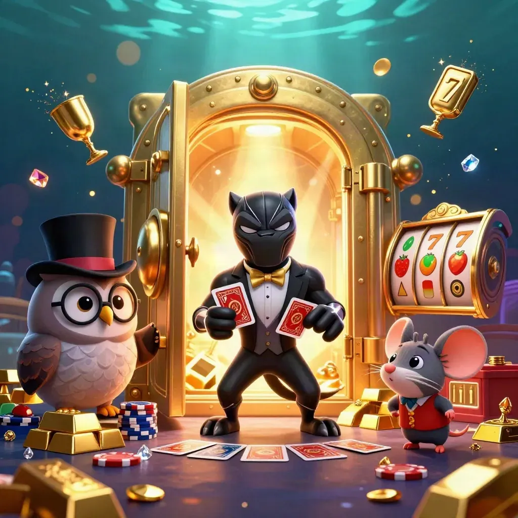 Panther dealer, owl and mouse burst from a golden vault with chips, gems and reels in neon glow.