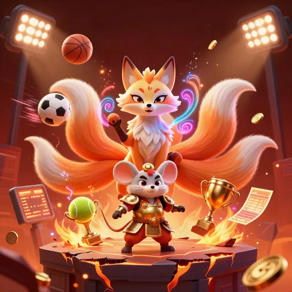 Neon fox spirit and golden mouse amid casino balls, trophy, coins, and fiery light.