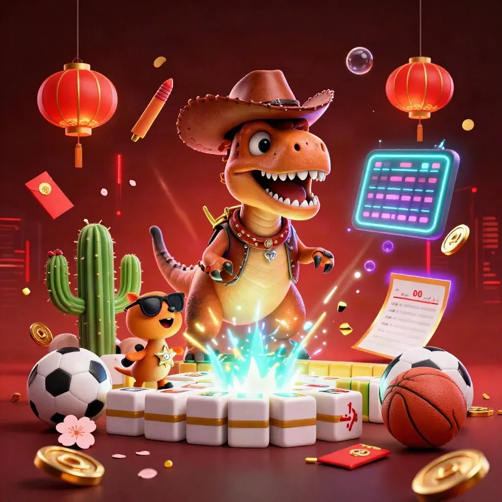 Cowboy T-Rex trio amid casino charms, glowing coins, lanterns, and neon effects